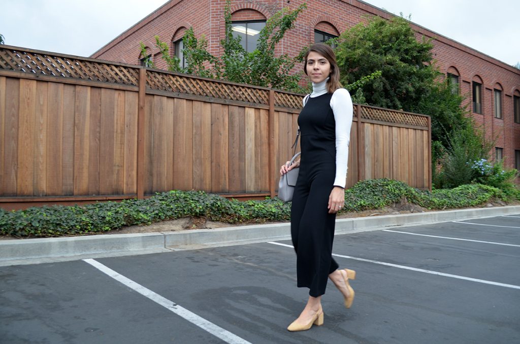 Black jumpsuit, black jumpsuit, slinkback, beige shows link back beige shows, fall style, chico style, fall chic style, stylist, turtle neck blouse, white blouse, chic jumpsuit, bay area blog, bay area blogger, jumpsuit style, fall 2016, karla vargas