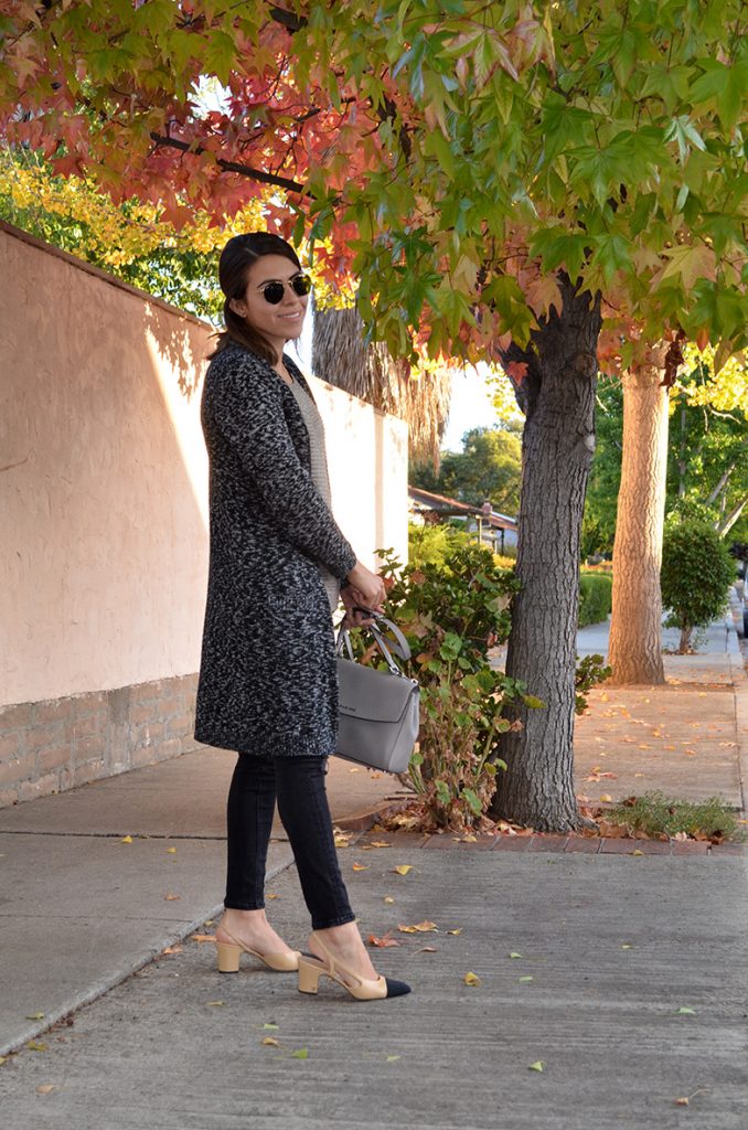 The most wanted shows, chanel, two tone shows, slingback heels, chanel slingback, black, must have, shoes, must have chanel shoes, fall 2016, classic pair of shoes, cardigan, long cardigan, black and gray look, long knit cardigan