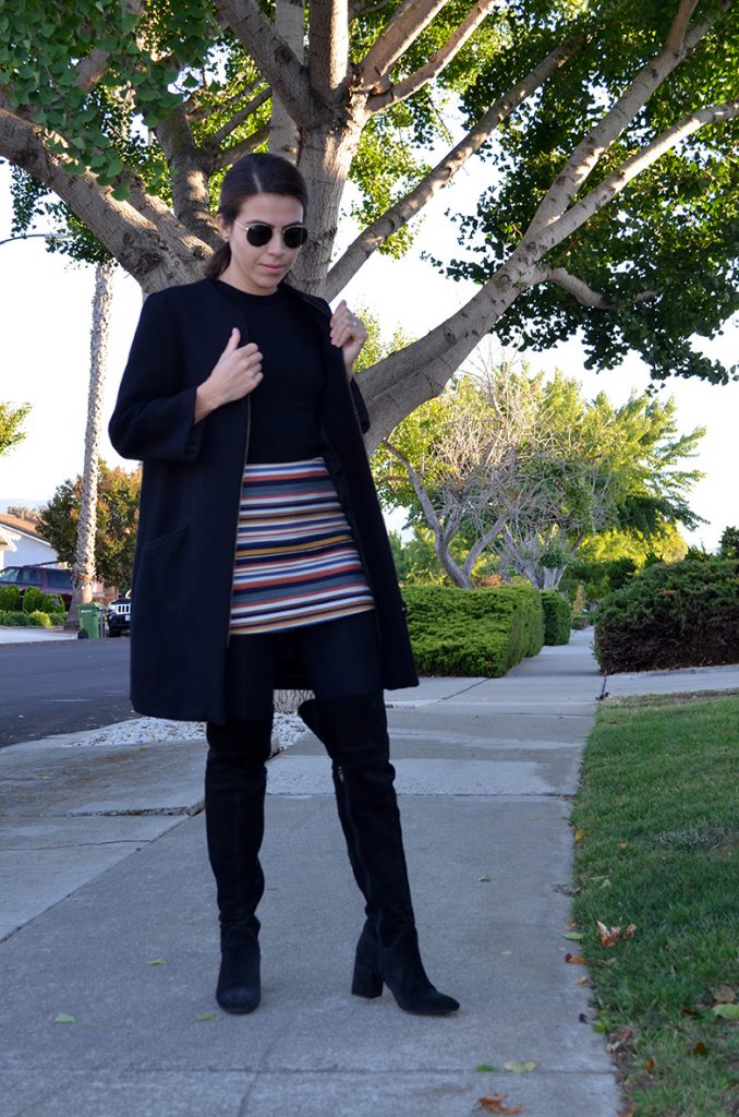 How to wear over the knee boots, black boots, shorts for fall, black cont, fall style, fall look, silicon valley style, silicon valley personal stylist, shopper, personal shopper, all black look, zara boots, coat