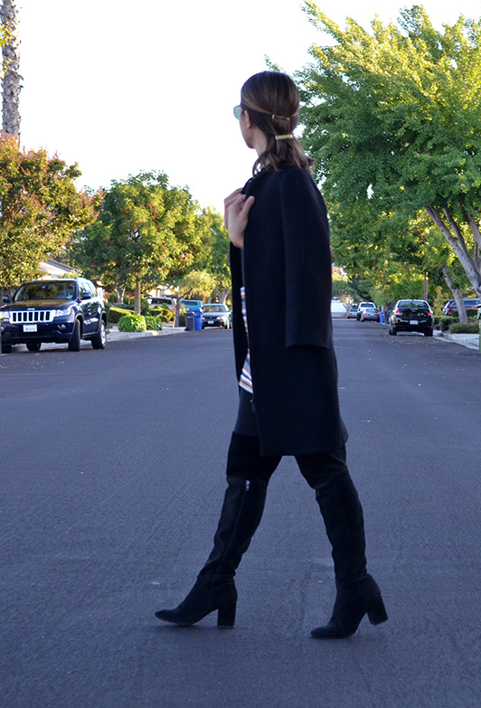 How to wear over the knee boots, black boots, shorts for fall, black cont, fall style, fall look, silicon valley style, silicon valley personal stylist, shopper, personal shopper, all black look, zara boots, coat