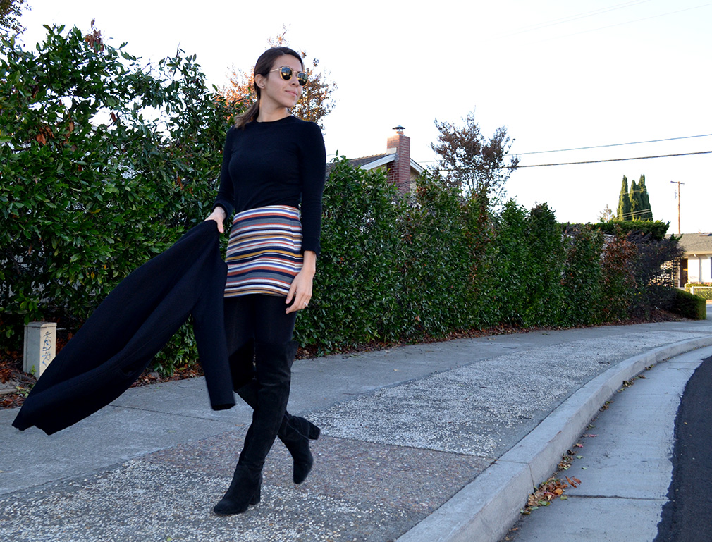How to wear over the knee boots, black boots, shorts for fall, black cont, fall style, fall look, silicon valley style, silicon valley personal stylist, shopper, personal shopper, all black look, zara boots, coat