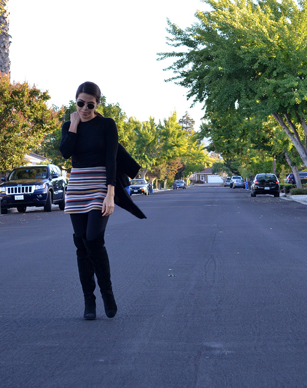 How to wear over the knee boots, black boots, shorts for fall, black cont, fall style, fall look, silicon valley style, silicon valley personal stylist, shopper, personal shopper, all black look, zara boots, coat