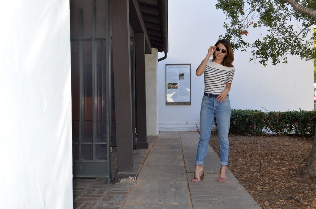Stripes, Santa Barbara, Casual look, Steve Madden, Sandals, Steve Madden Velvet Sandals, Pink velvet sandals, High waist jeans, Downtown Santa Barbara, Karla Vargas, Sf Style, SF style blogger, Mexican Blogger, Personal Style, Personal Stylist