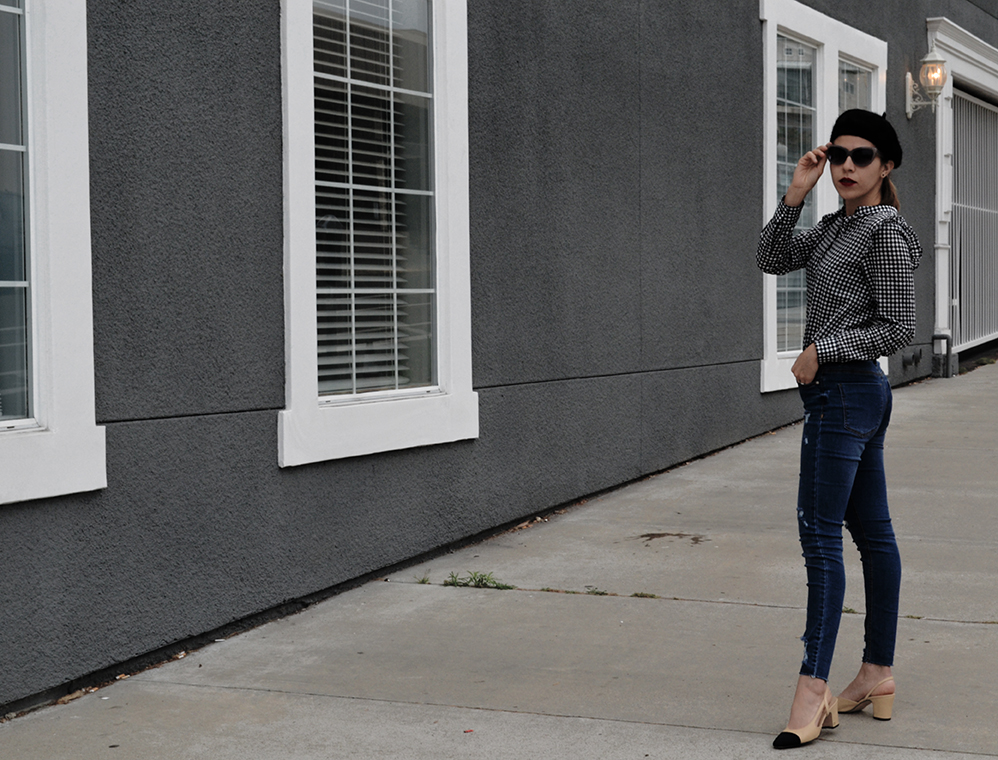 KarlaVargas-MyStylosophy-Gingham-BlackBeret-SanDiegoStyleBlogger-MyStyle-Howto-FrenchStyle-HowTo-Jeans-SanDiegoStreets