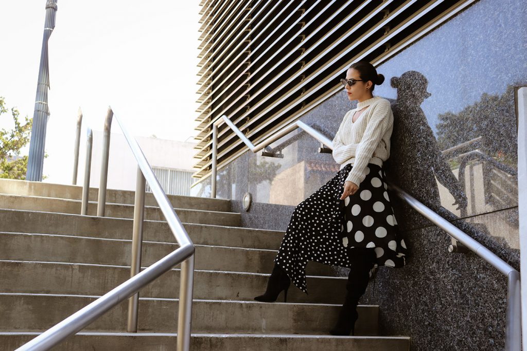 PolkaDotDress-Polkadot-FallStyle-SweaterWeather-FallSweather-KarlaVargas-HowToWear-SustainableFashionBlogger-SustainableStyle