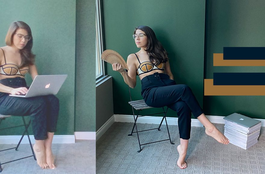 Woman wearing a triangl bikini and high waisted black trousers