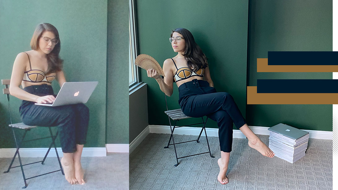 Woman wearing a triangl bikini and high waisted black trousers