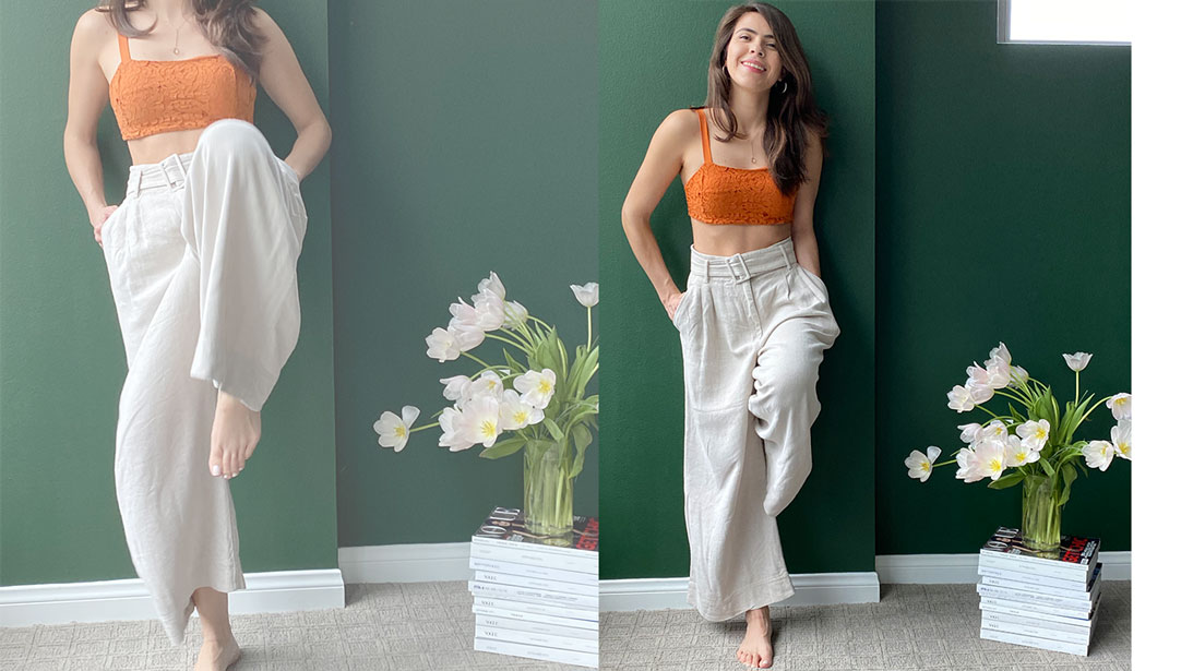 wearing wide leg pants while staying at home
