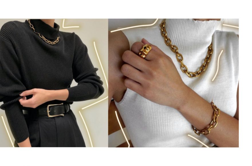 Chain necklace wear over a white and black top