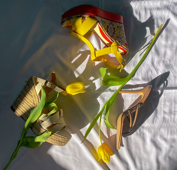 White wedges, yellow wedges and beige thong heel sandals
